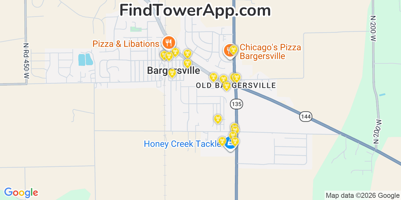Map showing the 20 primary cell tower locations detected in Bargersville, Indiana from AT&T, Verizon, and T-Mobile networks