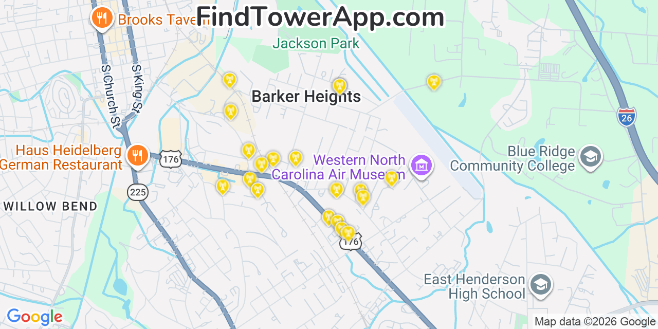 Map showing the 20 primary cell tower locations detected in Barker Heights, North Carolina from AT&T, Verizon, and T-Mobile networks
