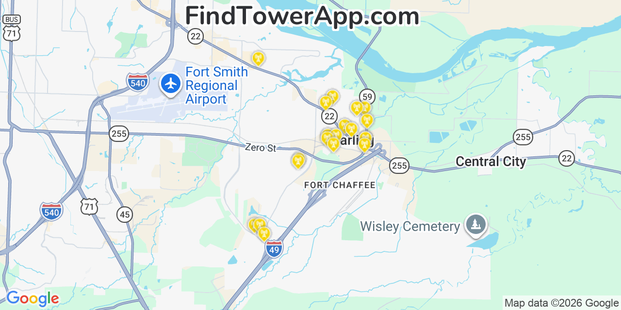 Map showing the 20 primary cell tower locations detected in Barling, Arkansas from AT&T, Verizon, and T-Mobile networks