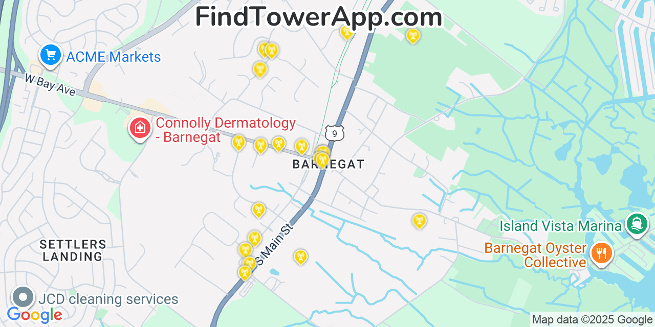 Map showing the 20 primary cell tower locations detected in Barnegat, New Jersey from AT&T, Verizon, and T-Mobile networks