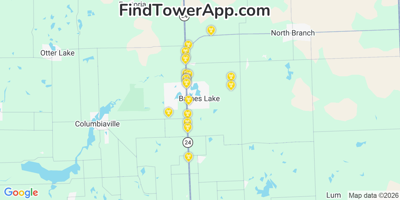 Map showing the 20 primary cell tower locations detected in Barnes Lake Millers Lake, Michigan from AT&T, Verizon, and T-Mobile networks