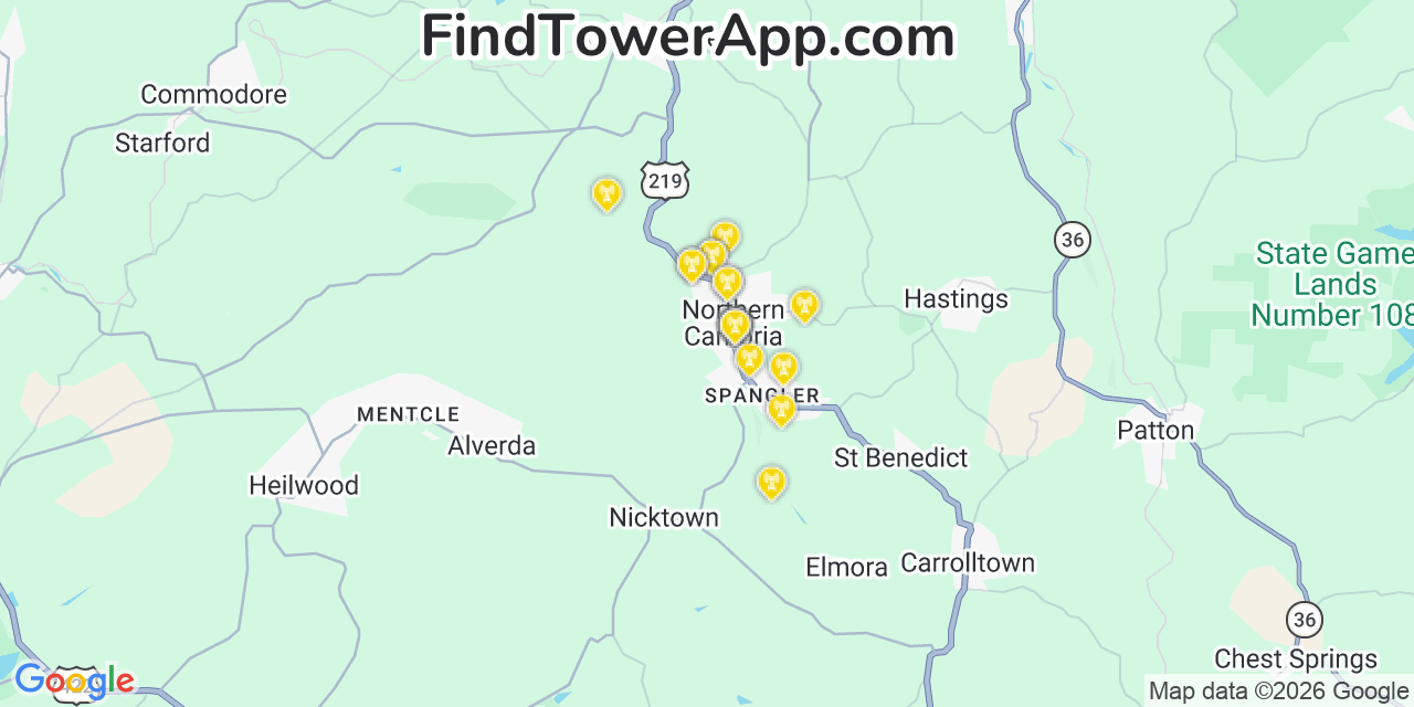 Map showing the 20 primary cell tower locations detected in Barnesboro, Pennsylvania from AT&T, Verizon, and T-Mobile networks