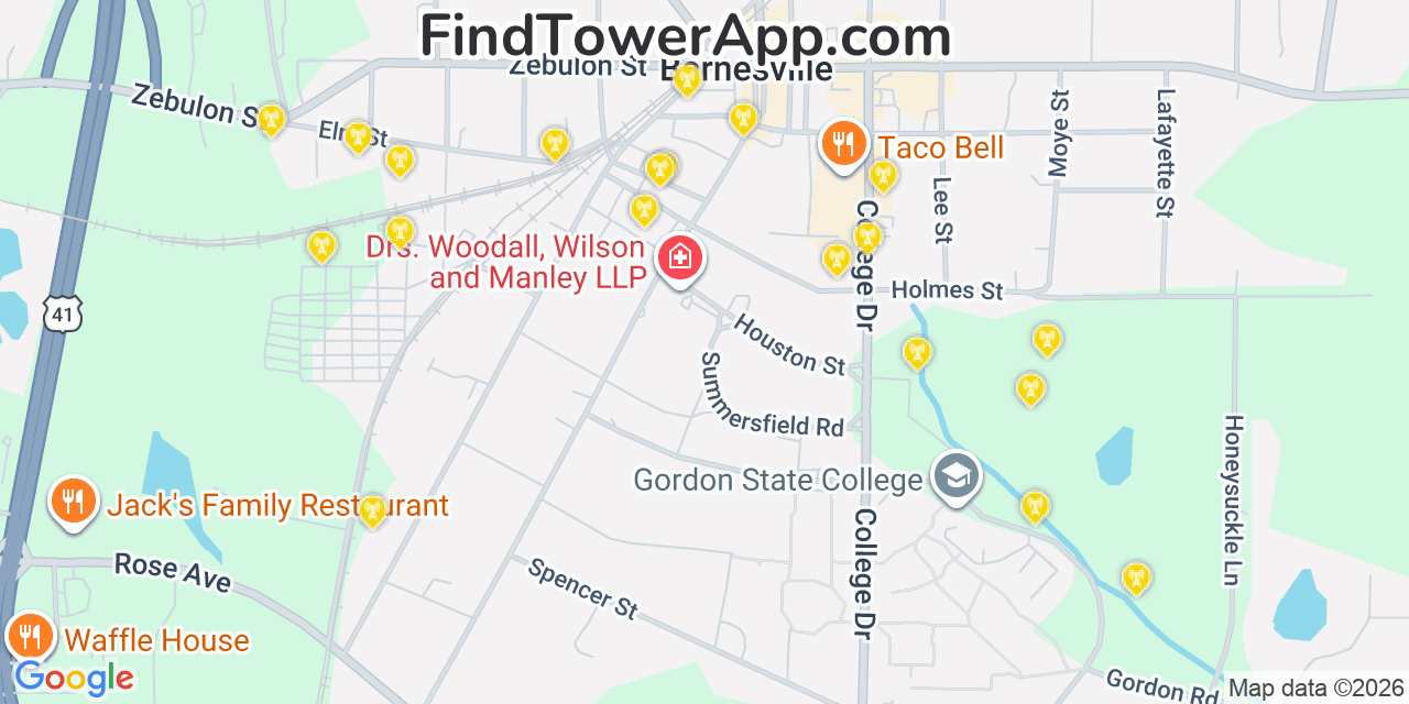 Map showing the 20 primary cell tower locations detected in Barnesville, Georgia from AT&T, Verizon, and T-Mobile networks