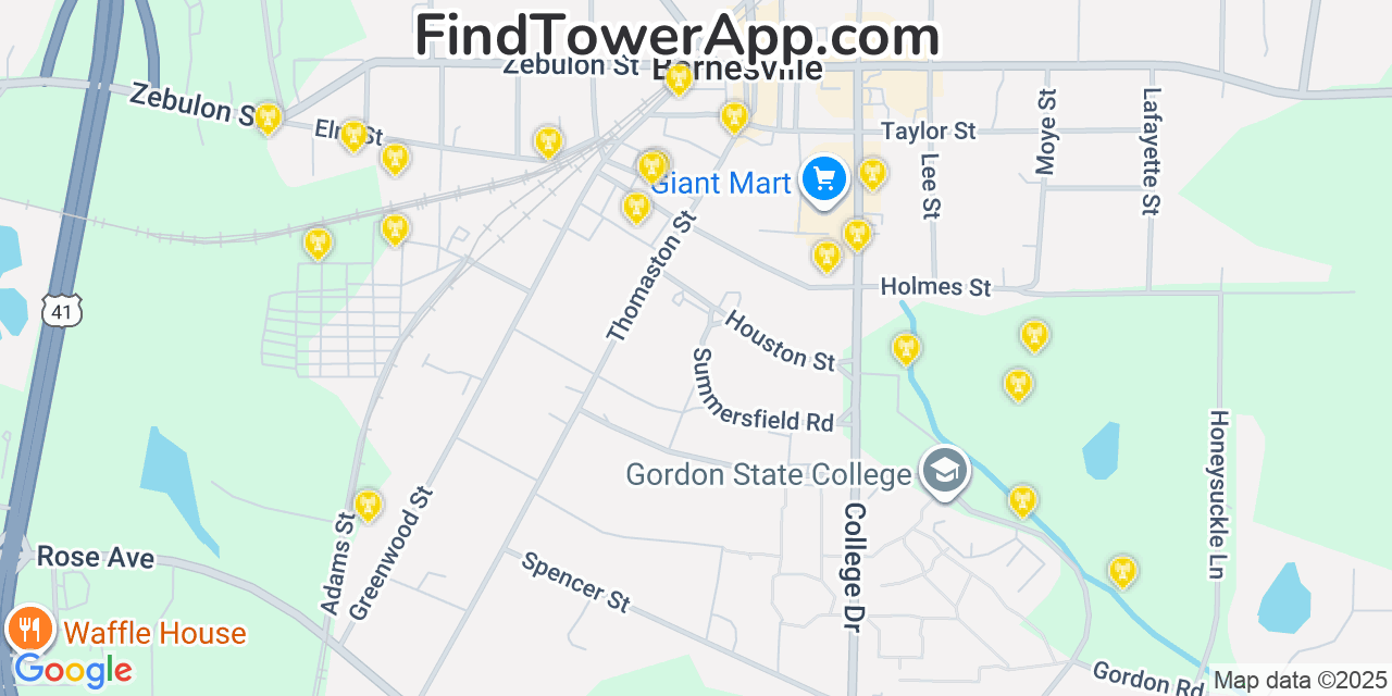 Map showing the 20 primary Mobitel cell tower locations detected in Barnesville, Georgia with coverage radius and signal strength indicators