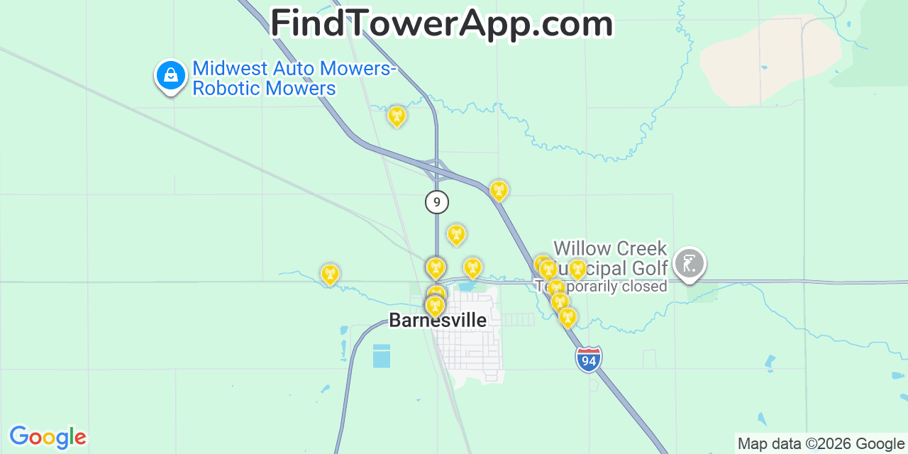 Map showing the 20 primary cell tower locations detected in Barnesville, Minnesota from AT&T, Verizon, and T-Mobile networks