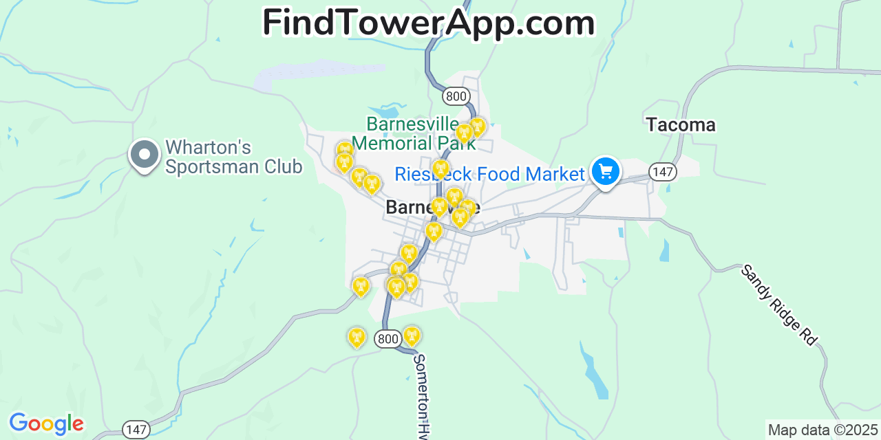 Map showing the 20 primary cell tower locations detected in Barnesville, Ohio from AT&T, Verizon, and T-Mobile networks