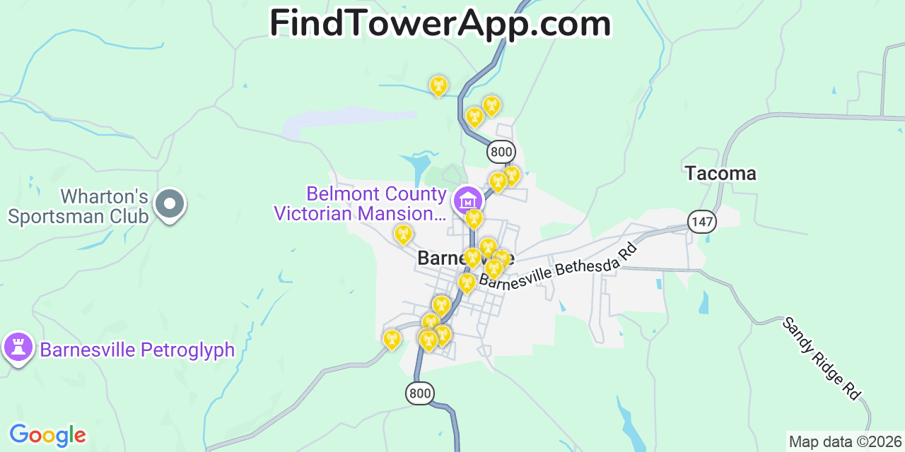Map showing the 20 primary cell tower locations detected in Barnesville, Ohio from AT&T, Verizon, and T-Mobile networks