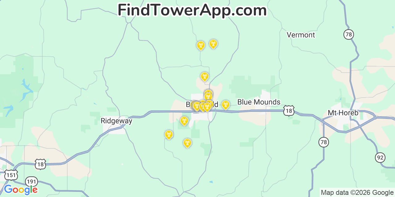 Map showing the 20 primary cell tower locations detected in Barneveld, Wisconsin from AT&T, Verizon, and T-Mobile networks