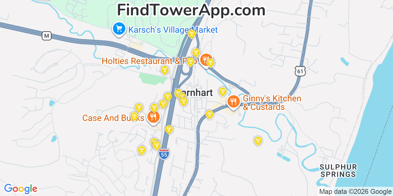 Map showing the 20 primary cell tower locations detected in Barnhart, Missouri from AT&T, Verizon, and T-Mobile networks