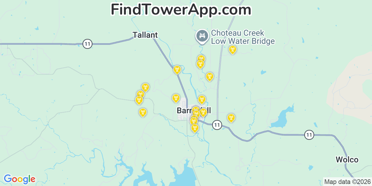 Map showing the 20 primary cell tower locations detected in Barnsdall, Oklahoma from AT&T, Verizon, and T-Mobile networks