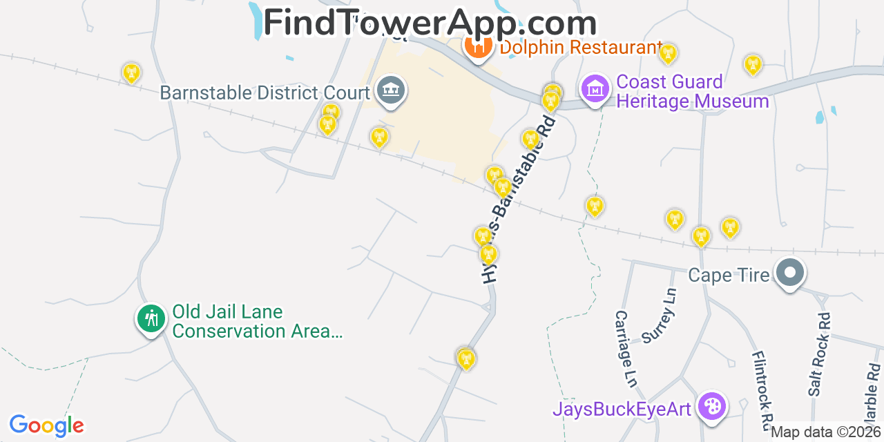 Map showing the 20 primary cell tower locations detected in Barnstable, Massachusetts from AT&T, Verizon, and T-Mobile networks