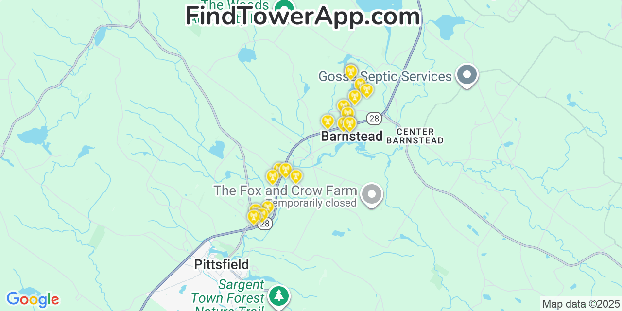 Map showing the 20 primary cell tower locations detected in Barnstead, New Hampshire from AT&T, Verizon, and T-Mobile networks