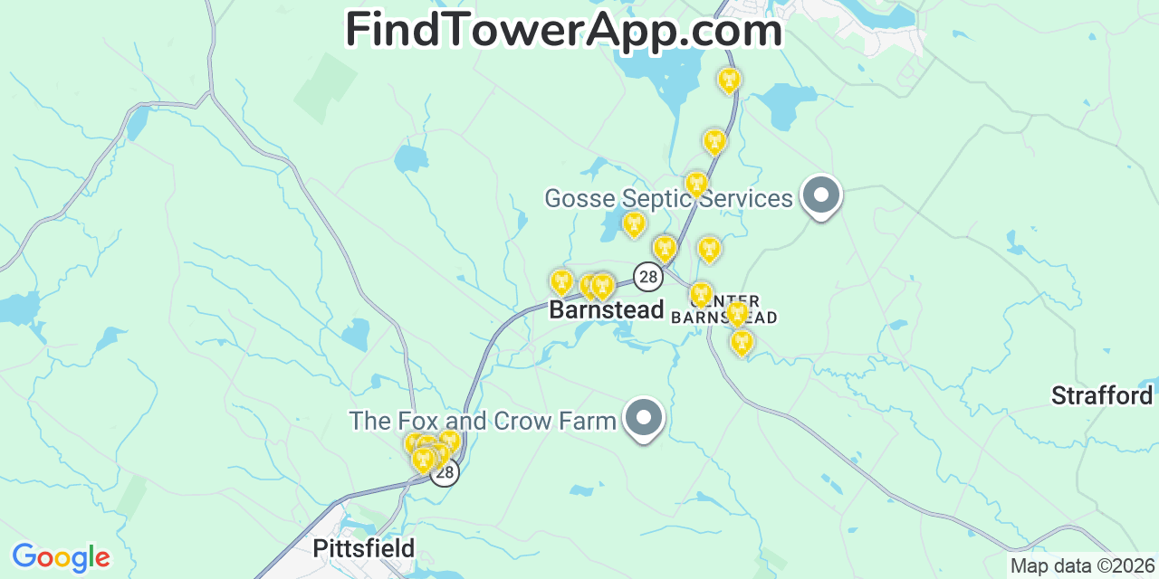 Map showing the 20 primary cell tower locations detected in Barnstead, New Hampshire from AT&T, Verizon, and T-Mobile networks