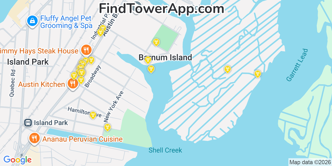 Map showing the 20 primary cell tower locations detected in Barnum Island, New York from AT&T, Verizon, and T-Mobile networks