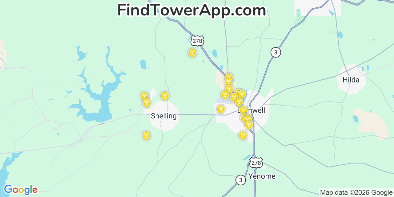Map showing the 20 primary cell tower locations detected in Barnwell, South Carolina from AT&T, Verizon, and T-Mobile networks