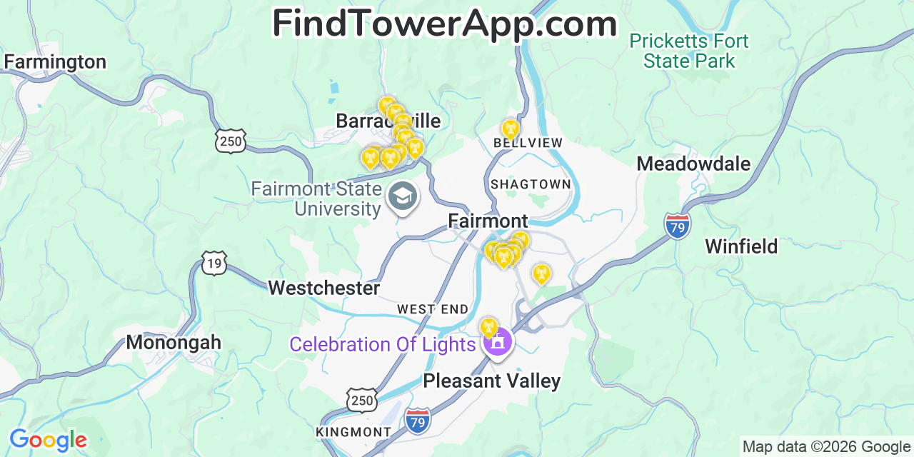Map showing the 20 primary cell tower locations detected in Barrackville, West Virginia from AT&T, Verizon, and T-Mobile networks