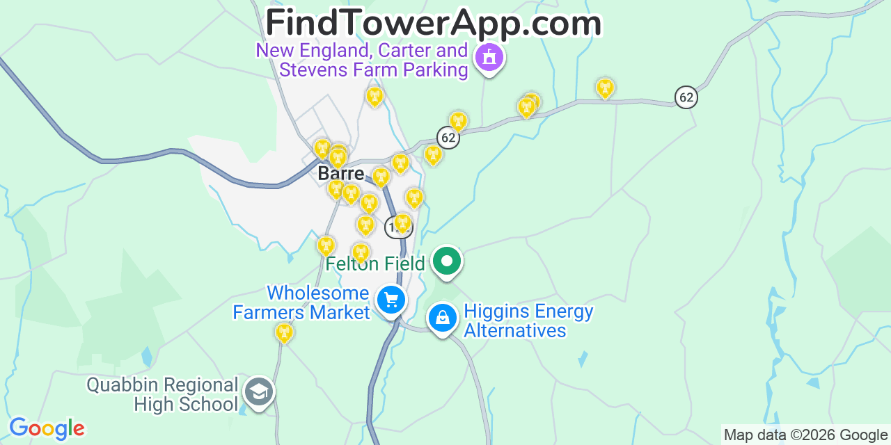 Map showing the 20 primary cell tower locations detected in Barre, Massachusetts from AT&T, Verizon, and T-Mobile networks