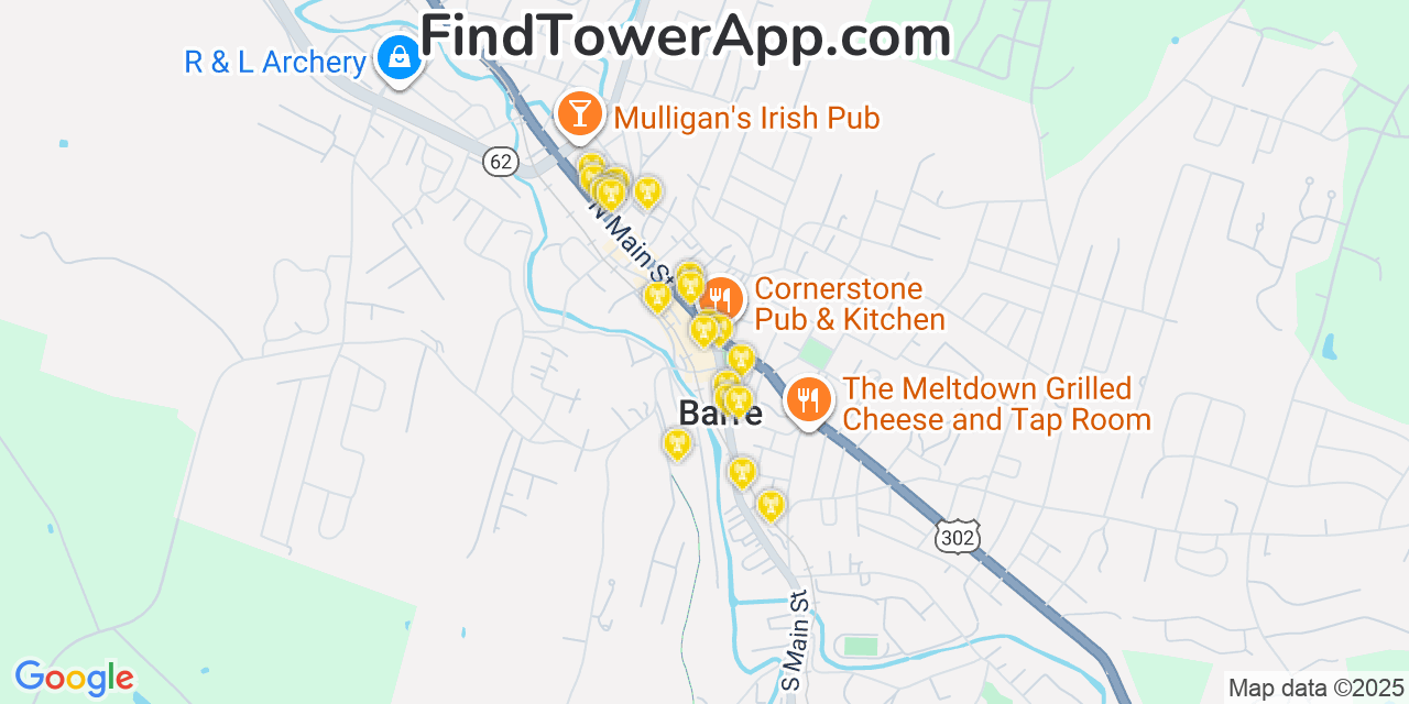 Map showing the 20 primary cell tower locations detected in Barre, Vermont from AT&T, Verizon, and T-Mobile networks