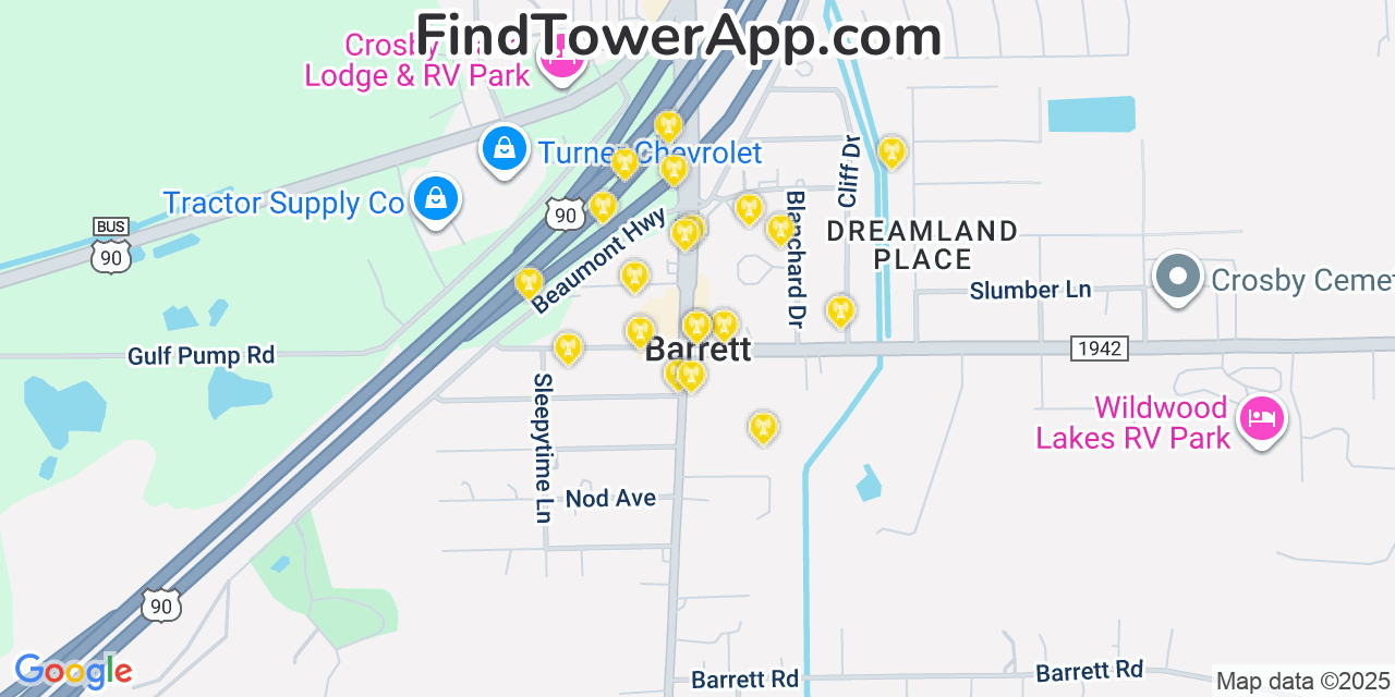 Map showing the 20 primary cell tower locations detected in Barrett, Texas from AT&T, Verizon, and T-Mobile networks
