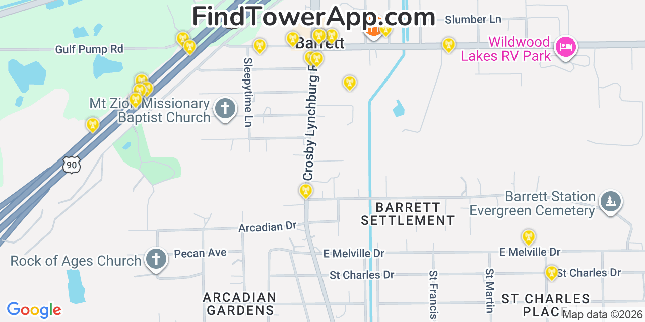 Map showing the 20 primary cell tower locations detected in Barrett, Texas from AT&T, Verizon, and T-Mobile networks