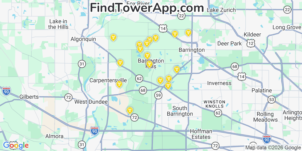 Map showing the 20 primary cell tower locations detected in Barrington Hills, Illinois from AT&T, Verizon, and T-Mobile networks