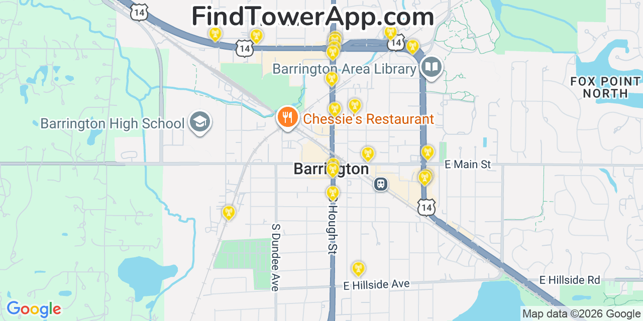 Map showing the 20 primary cell tower locations detected in Barrington, Illinois from AT&T, Verizon, and T-Mobile networks