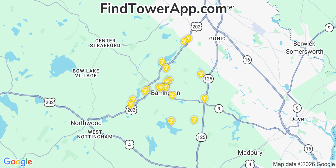 Map showing the 20 primary cell tower locations detected in Barrington, New Hampshire from AT&T, Verizon, and T-Mobile networks