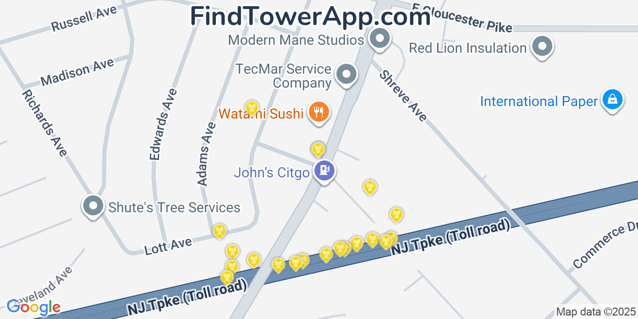 Map showing the 20 primary cell tower locations detected in Barrington, New Jersey from AT&T, Verizon, and T-Mobile networks