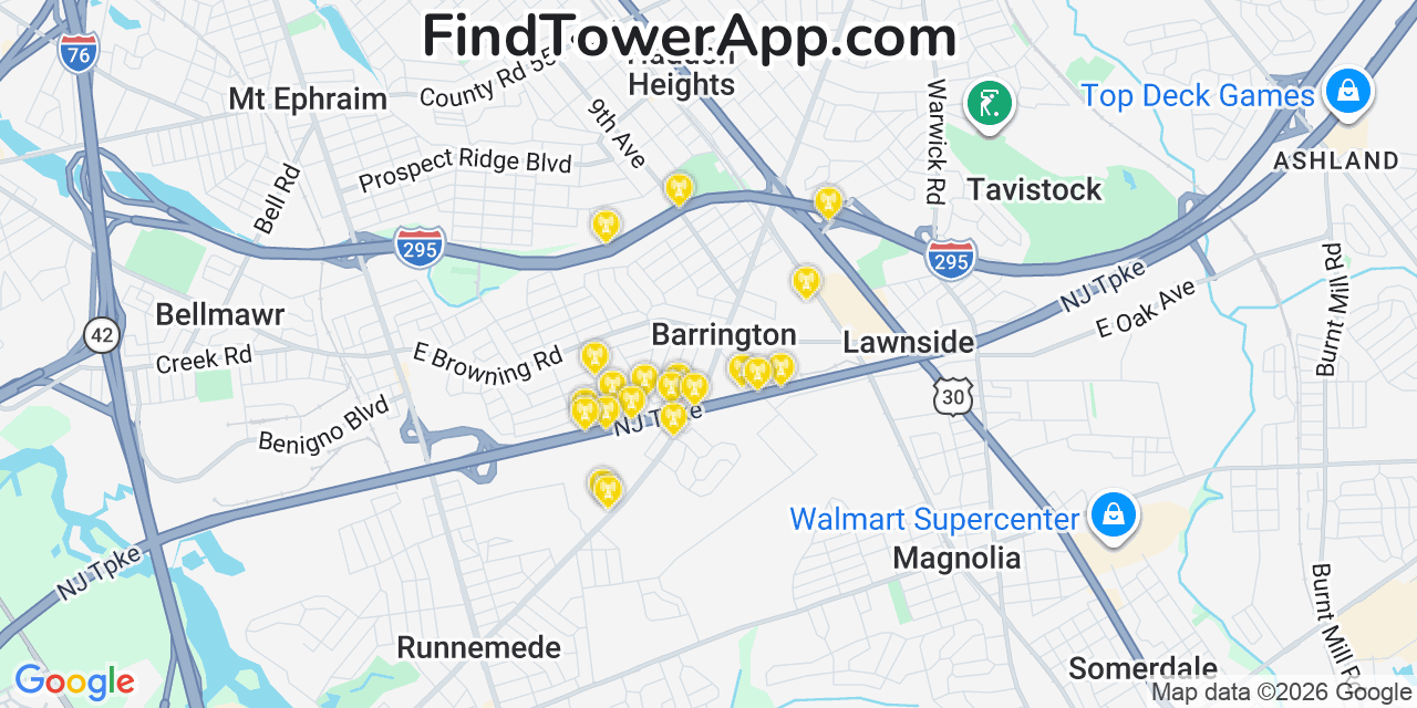 Map showing the 20 primary cell tower locations detected in Barrington, New Jersey from AT&T, Verizon, and T-Mobile networks
