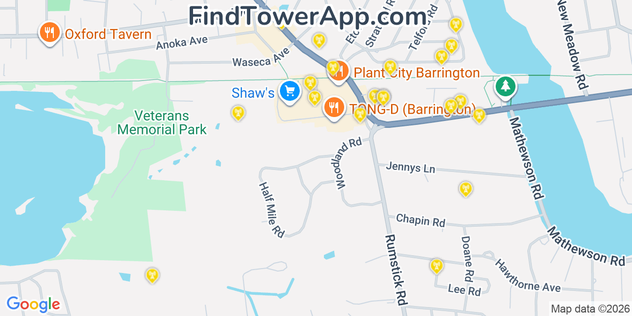 Map showing the 20 primary cell tower locations detected in Barrington, Rhode Island from AT&T, Verizon, and T-Mobile networks