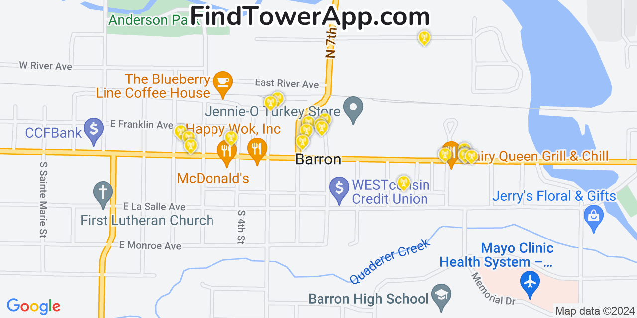 AT&T 4G/5G cell tower coverage map Barron, Wisconsin