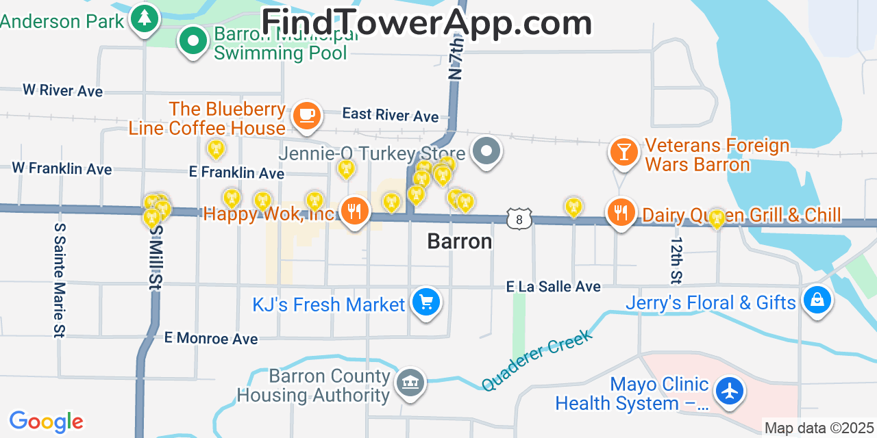 Map showing the 20 primary cell tower locations detected in Barron, Wisconsin from AT&T, Verizon, and T-Mobile networks