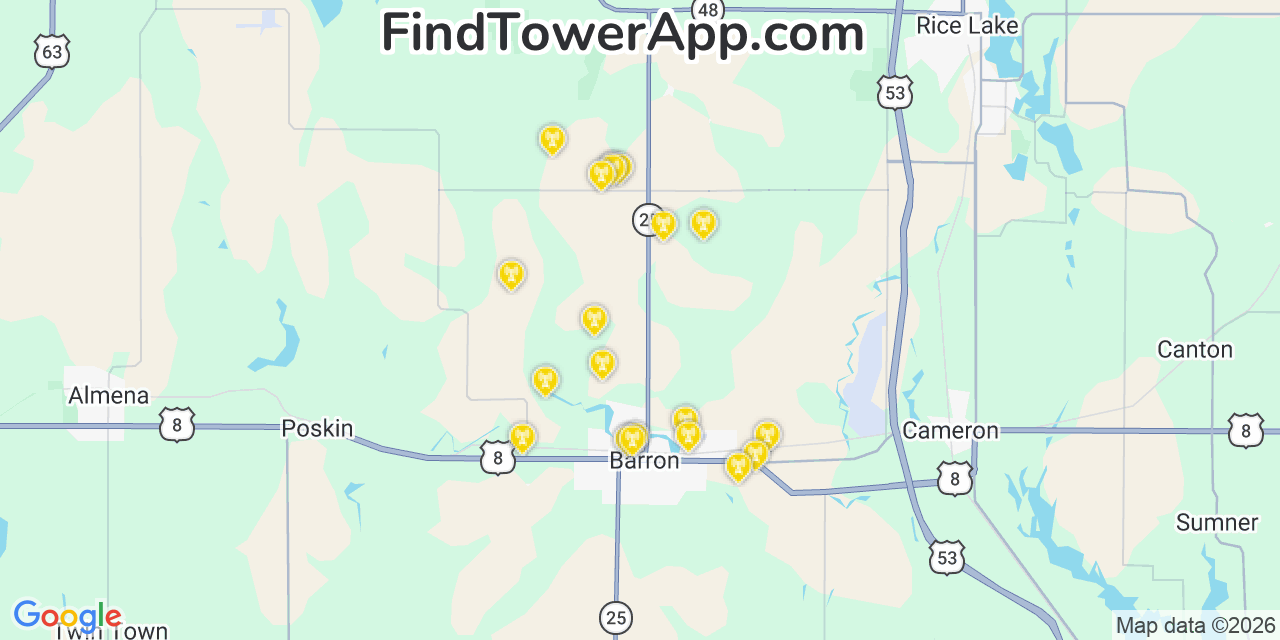 Map showing the 20 primary cell tower locations detected in Barron, Wisconsin from AT&T, Verizon, and T-Mobile networks