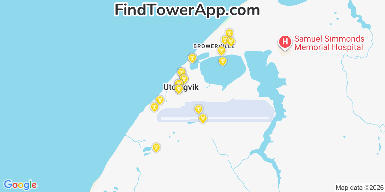 Map showing the 20 primary cell tower locations detected in Barrow, Alaska from AT&T, Verizon, and T-Mobile networks