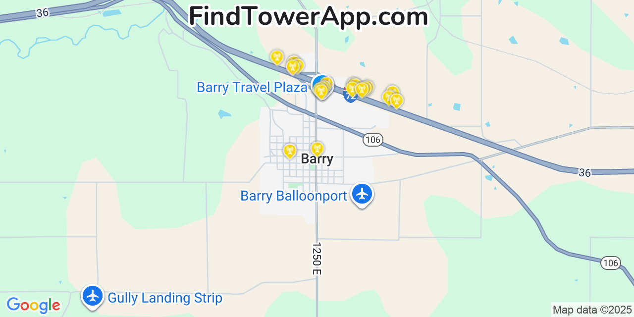 Map showing the 20 primary cell tower locations detected in Barry, Illinois from AT&T, Verizon, and T-Mobile networks
