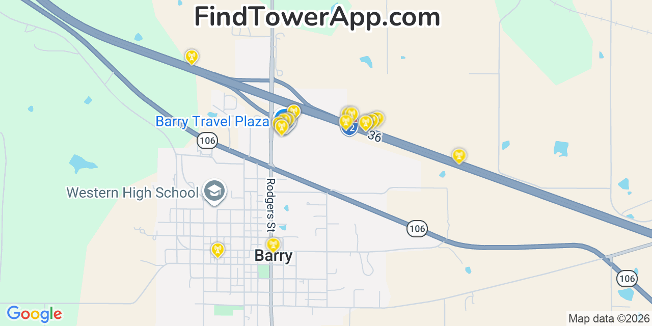 Map showing the 20 primary cell tower locations detected in Barry, Illinois from AT&T, Verizon, and T-Mobile networks
