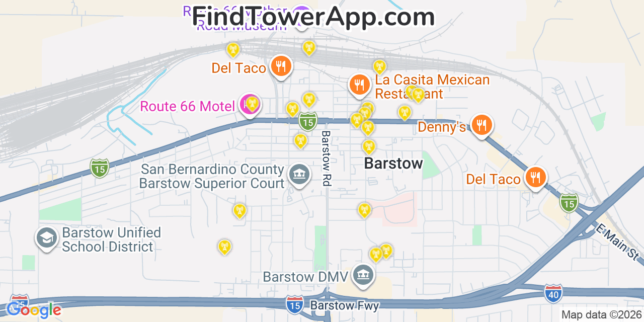 Map showing the 20 primary cell tower locations detected in Barstow, California from AT&T, Verizon, and T-Mobile networks
