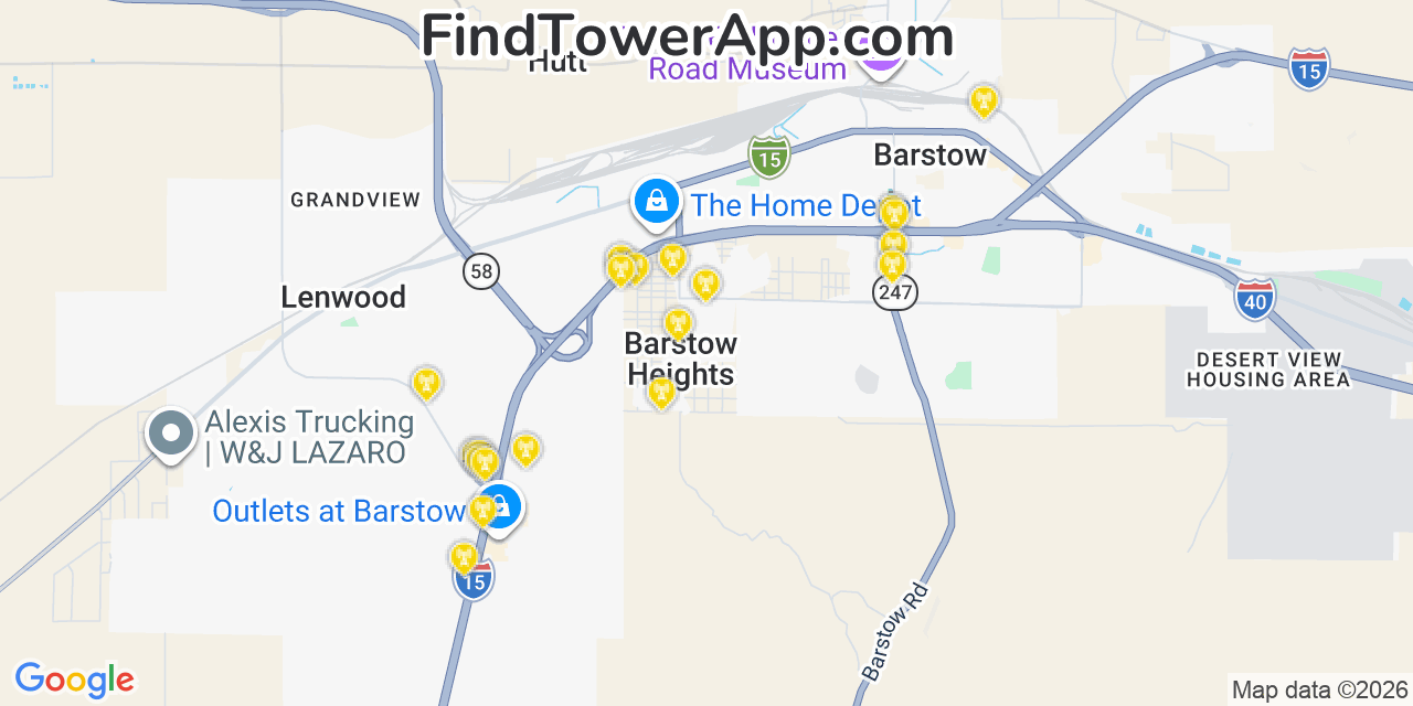 Map showing the 20 primary cell tower locations detected in Barstow Heights, California from AT&T, Verizon, and T-Mobile networks
