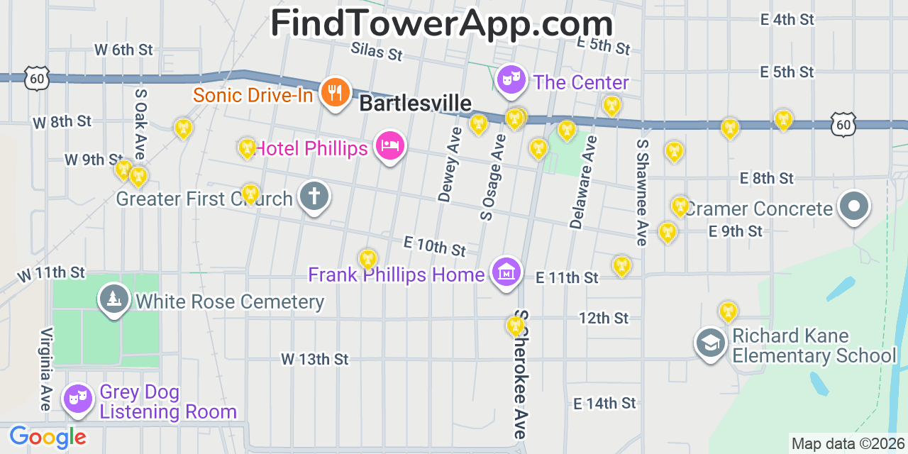 Map showing the 20 primary cell tower locations detected in Bartlesville, Oklahoma from AT&T, Verizon, and T-Mobile networks