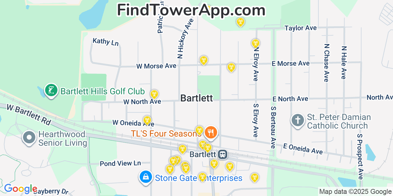 Map showing the 20 primary cell tower locations detected in Bartlett, Illinois from AT&T, Verizon, and T-Mobile networks