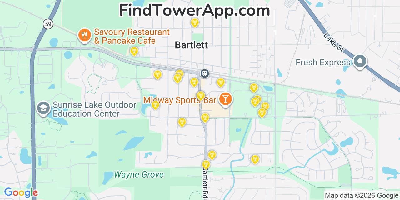 Map showing the 20 primary cell tower locations detected in Bartlett, Illinois from AT&T, Verizon, and T-Mobile networks