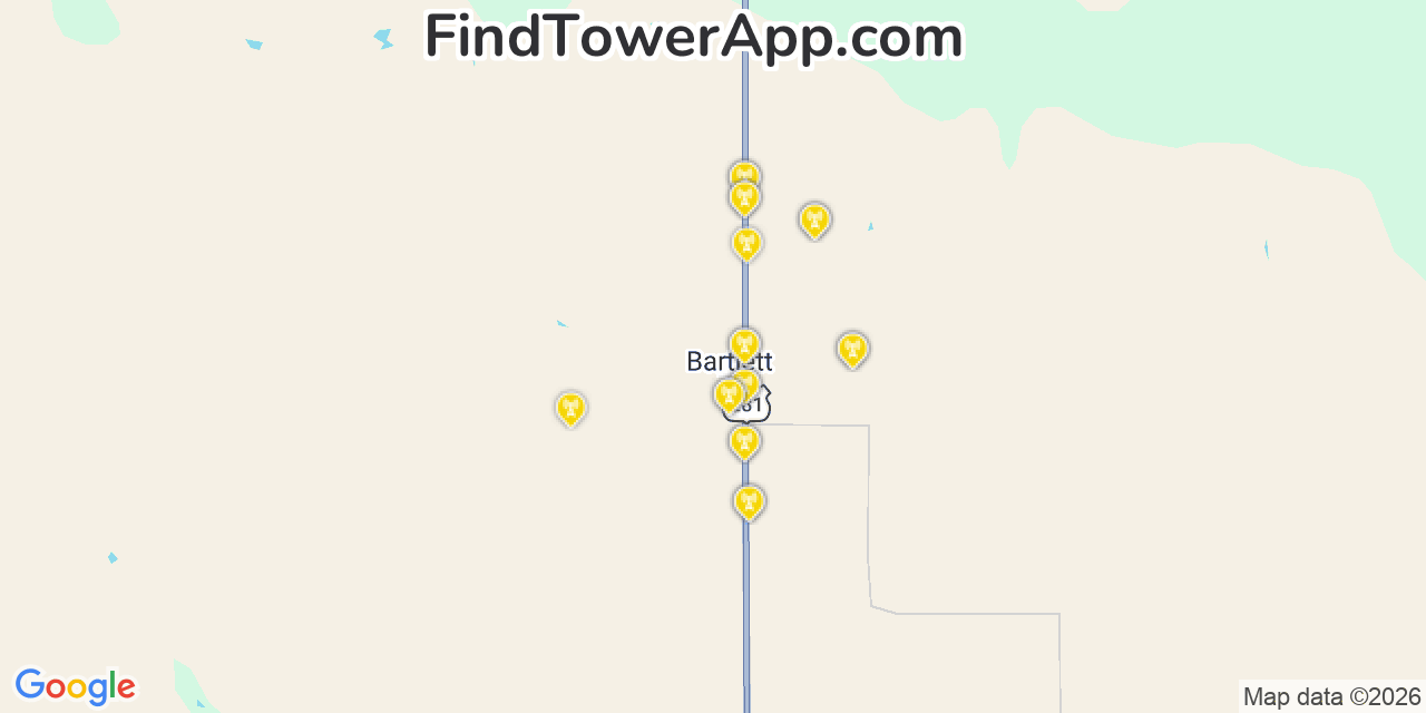 Map showing the 20 primary cell tower locations detected in Bartlett, Nebraska from AT&T, Verizon, and T-Mobile networks