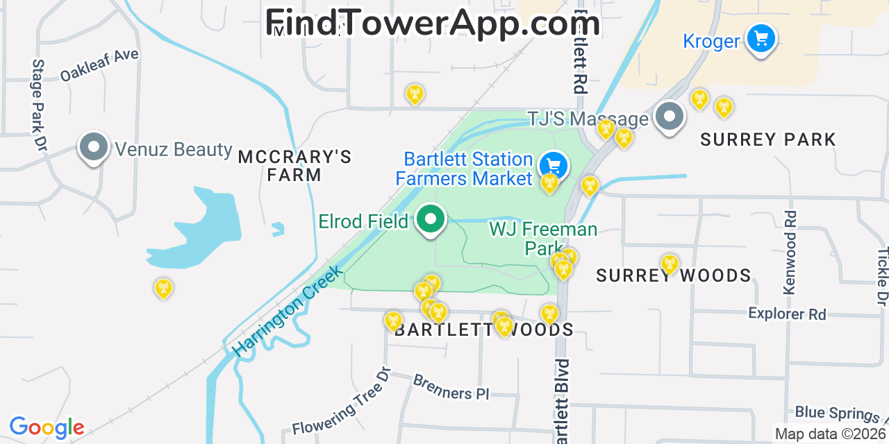 Map showing the 20 primary cell tower locations detected in Bartlett, Tennessee from AT&T, Verizon, and T-Mobile networks