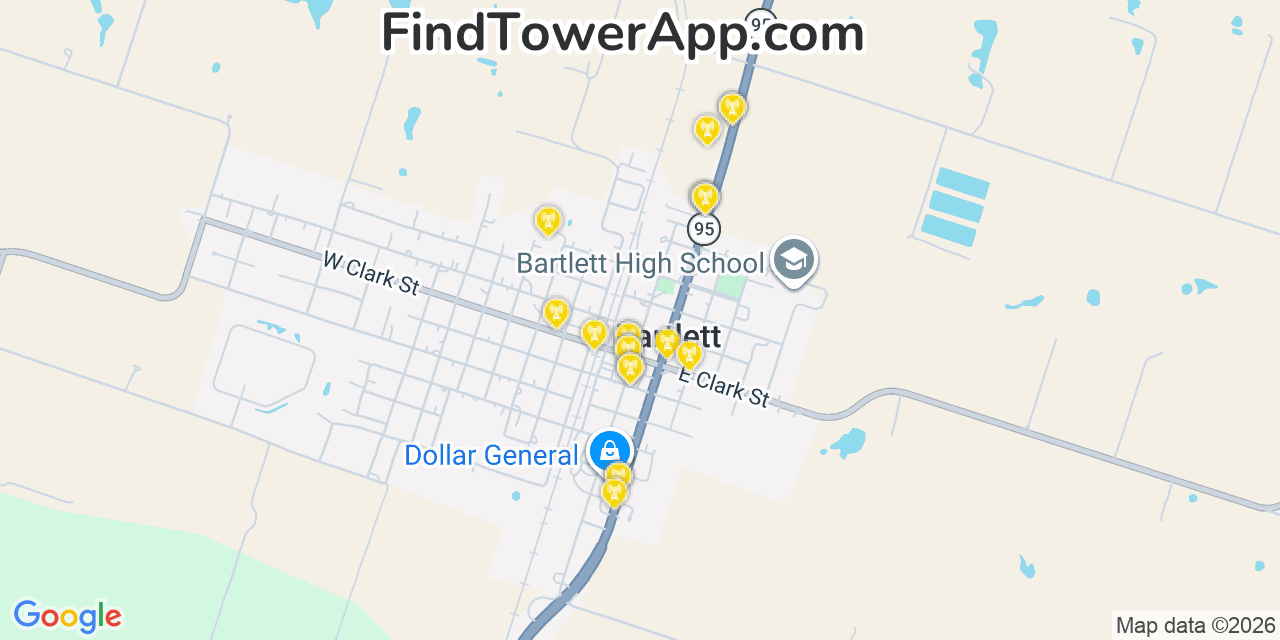Map showing the 20 primary cell tower locations detected in Bartlett, Texas from AT&T, Verizon, and T-Mobile networks