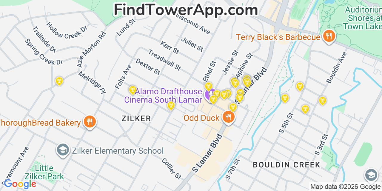 Map showing the 20 primary cell tower locations detected in Barton Creek, Texas from AT&T, Verizon, and T-Mobile networks