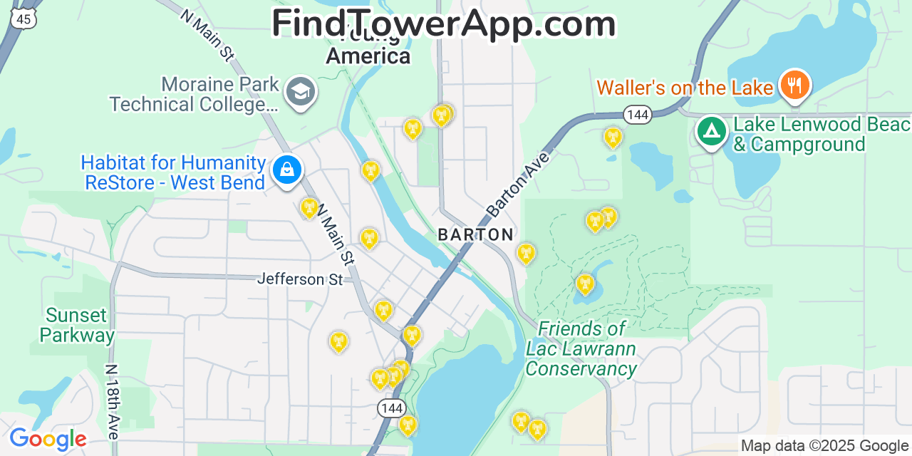 Map showing the 20 primary cell tower locations detected in Barton, Wisconsin from AT&T, Verizon, and T-Mobile networks