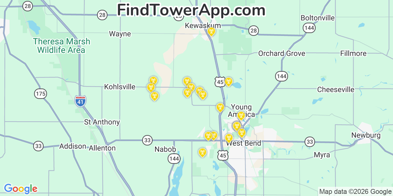 Map showing the 20 primary cell tower locations detected in Barton, Wisconsin from AT&T, Verizon, and T-Mobile networks