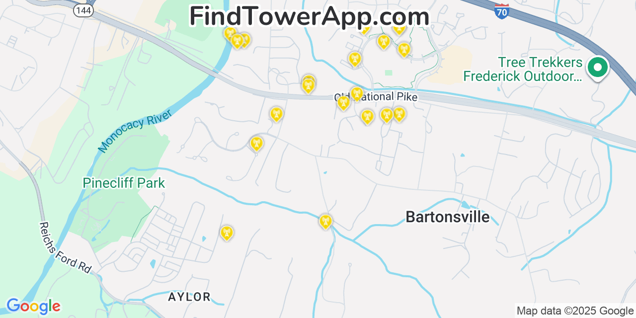 Map showing the 20 primary cell tower locations detected in Bartonsville, Maryland from AT&T, Verizon, and T-Mobile networks