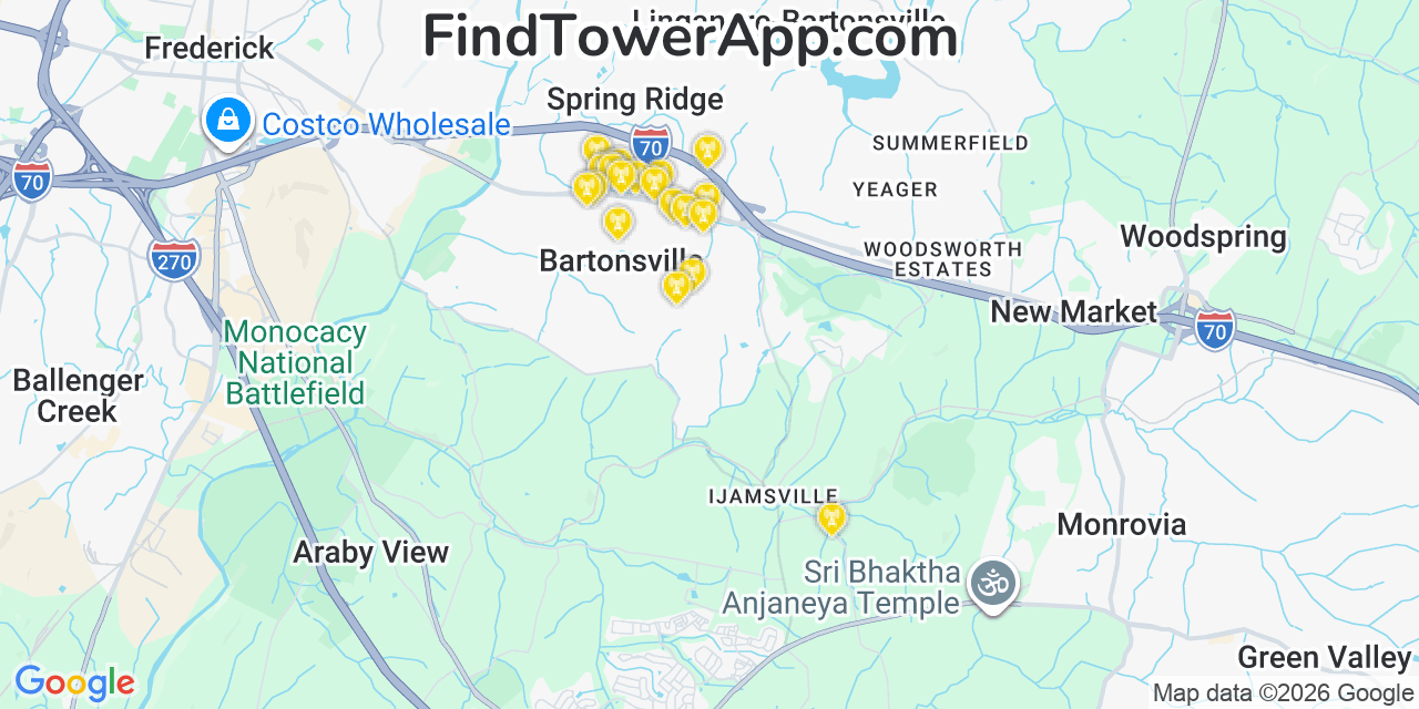 Map showing the 20 primary cell tower locations detected in Bartonsville, Maryland from AT&T, Verizon, and T-Mobile networks