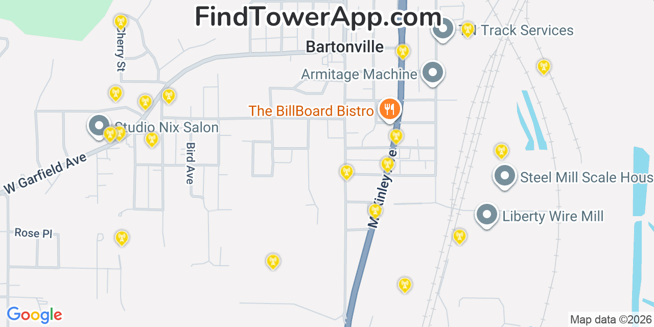 Map showing the 20 primary cell tower locations detected in Bartonville, Illinois from AT&T, Verizon, and T-Mobile networks